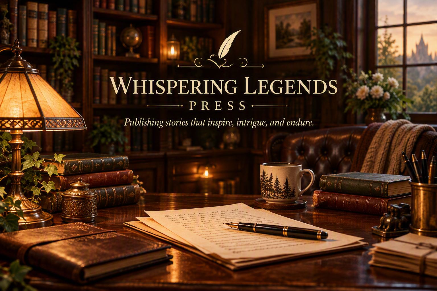 A lamplit writer’s study with leather-bound books, a fountain pen resting on handwritten pages, and the words Whispering Legends Press — Publishing stories that inspire, intrigue, and endure.